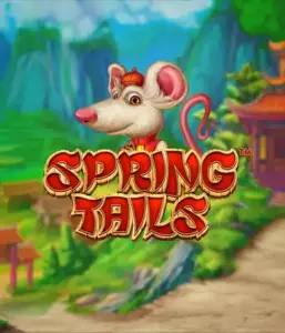 An enchanting illustration of a white rat wearing a red traditional Chinese outfit standing in a vibrant mountain backdrop. The image represents the Spring Tails game by Betsoft, highlighted with bold red and gold logo lettering.