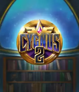 Discover the enchanting artwork of ELK Studios' Cygnus 2 Slot, featuring a stunning logo with a shining design in purple and gold. Set against a starlit library setting, this image conjures the essence of exploration and mystery. 